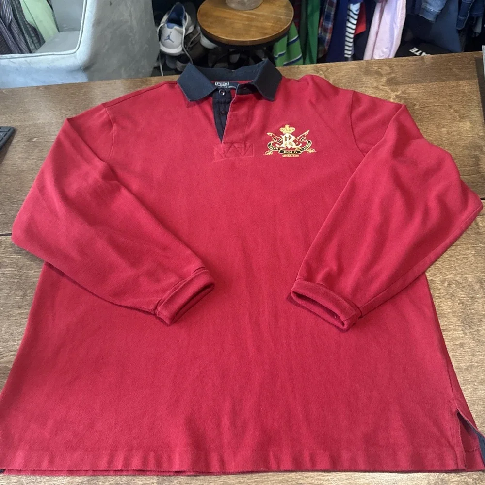 Polo Ralph Lauren Men's LS Rugby Knit Shirt with Crest Logo Red XLT Tall VTG